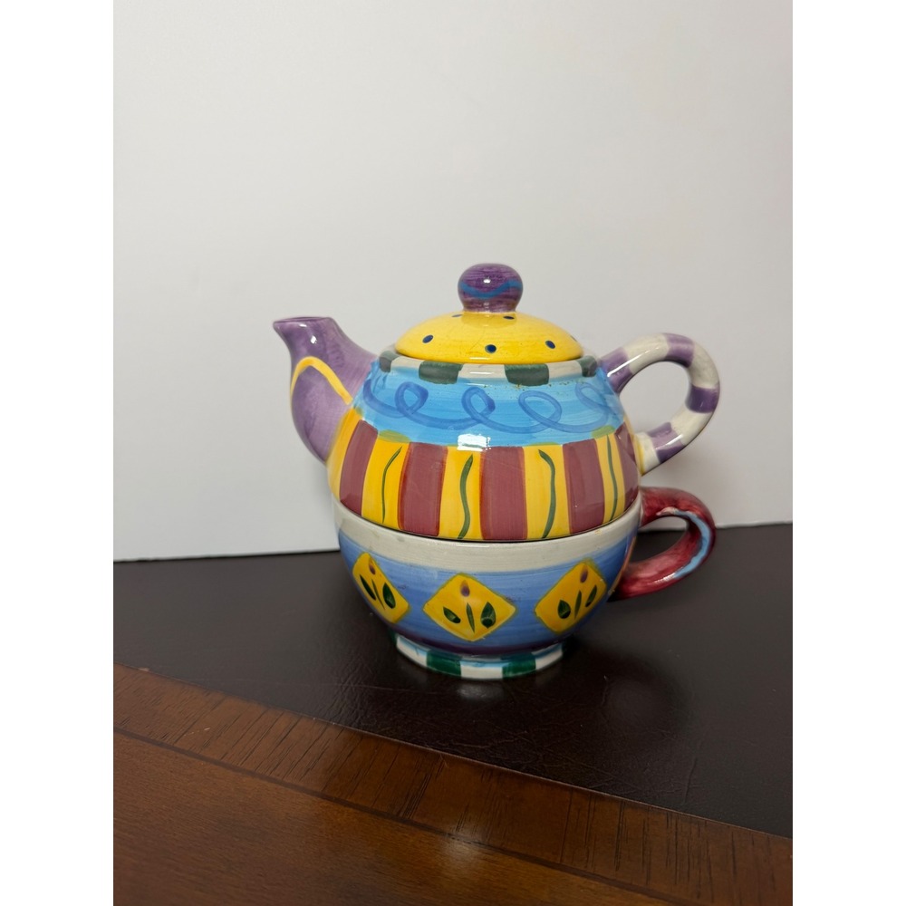 Hand Painted Ceramic Tea For One Set Whimsical Colorful Stackable Teapot Cup